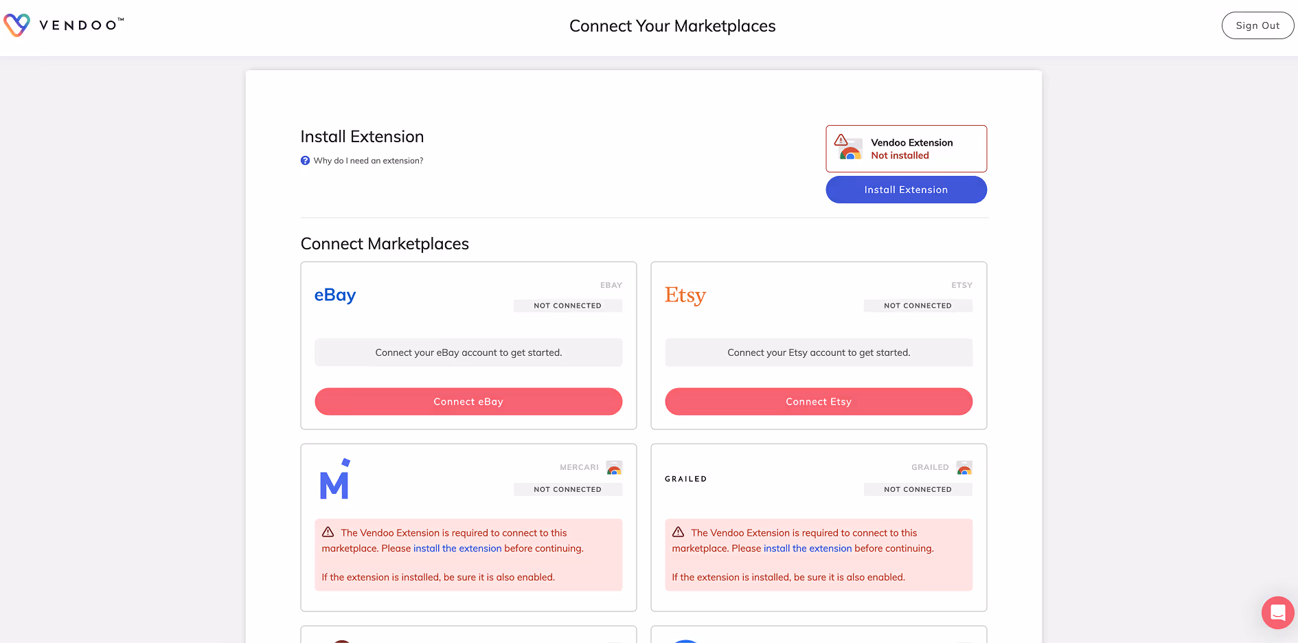Previous marketplace connection screen