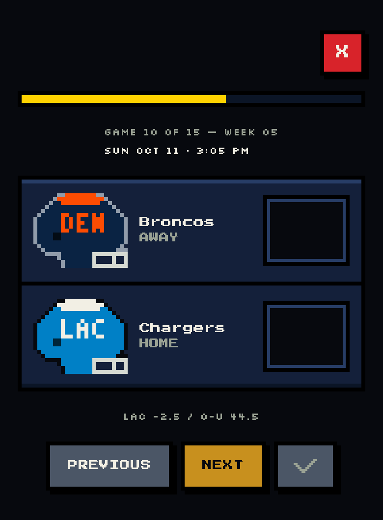 Pick Six Quick Play screen showing one game at a time with a progress bar, the betting line, and Previous, Next and save buttons