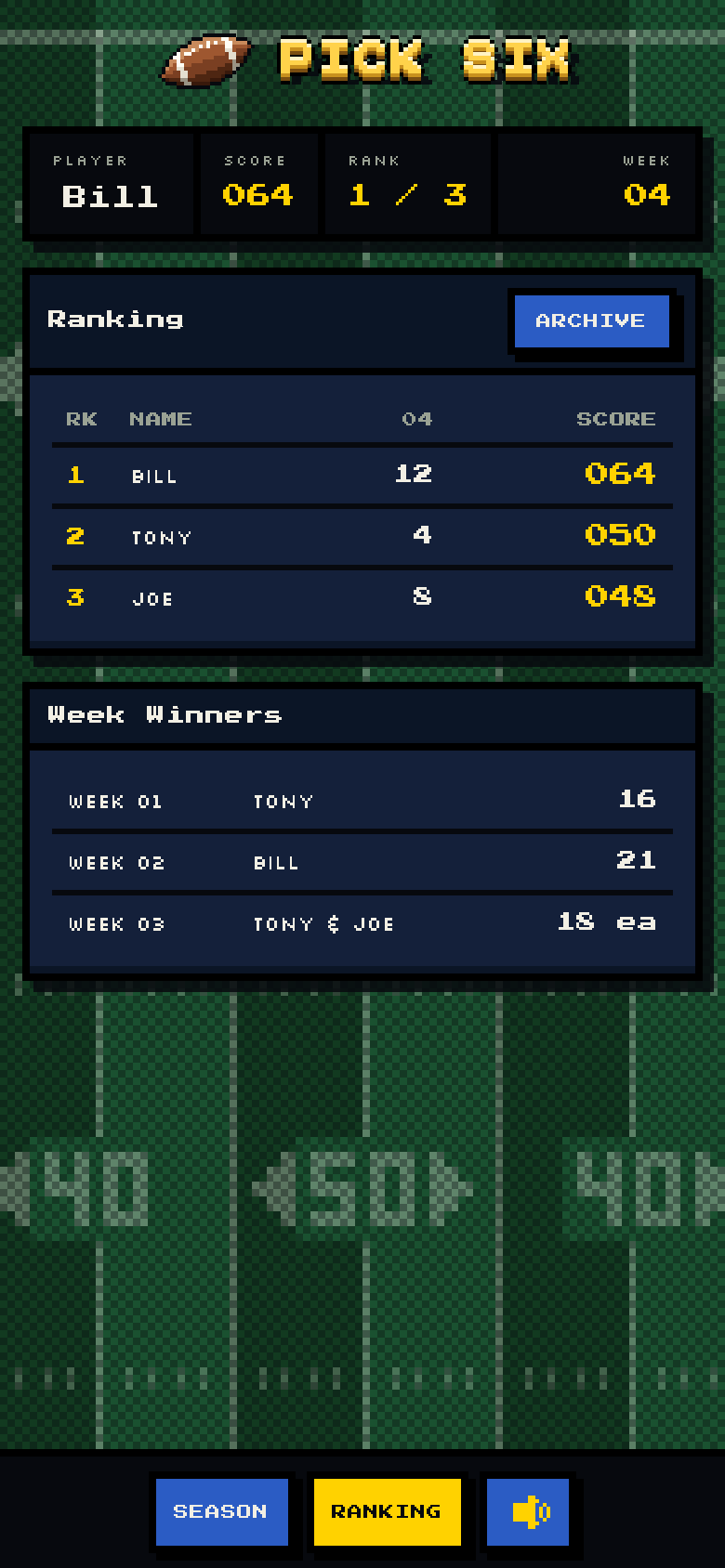 Pick Six ranking screen with the season table and a list of weekly winners