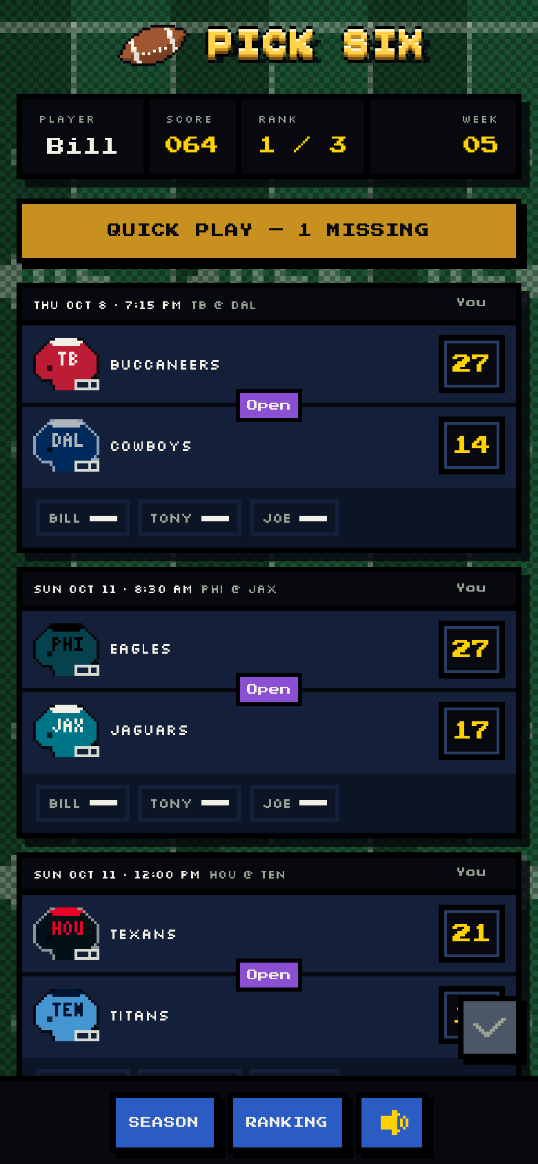 Pick Six week screen with open games, pixel-art team helmets, score inputs, and a row showing which players have picked