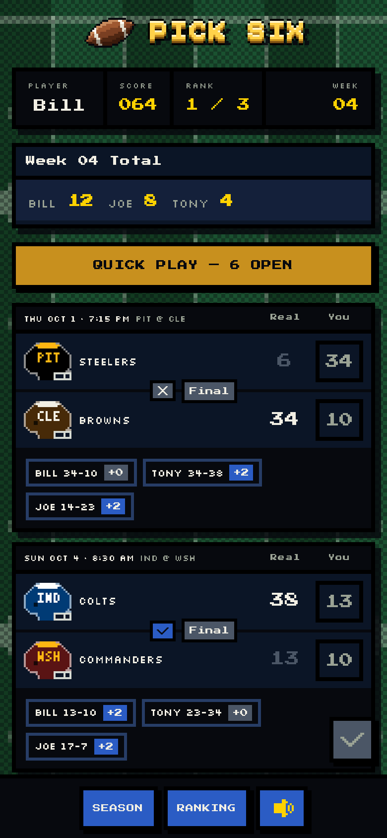 Pick Six week screen after games have finished, showing the real score, each player's pick, and points earned